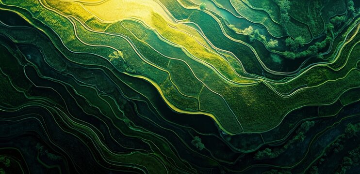 Terraced Landscape: An abstract aerial view of verdant rice paddies carved into the hills, resembling flowing lines of emerald green and gold, creating a stunning visual display of nature's artistry.