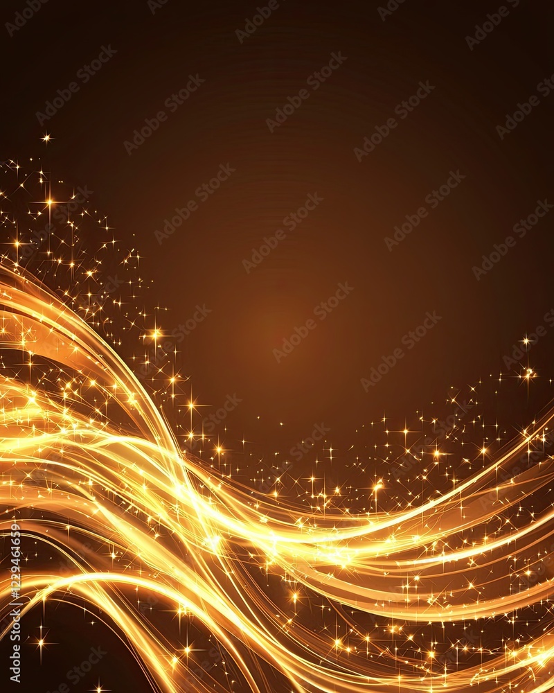 Poster glowing golden abstract background with sparkles and flowing light effects for creative design