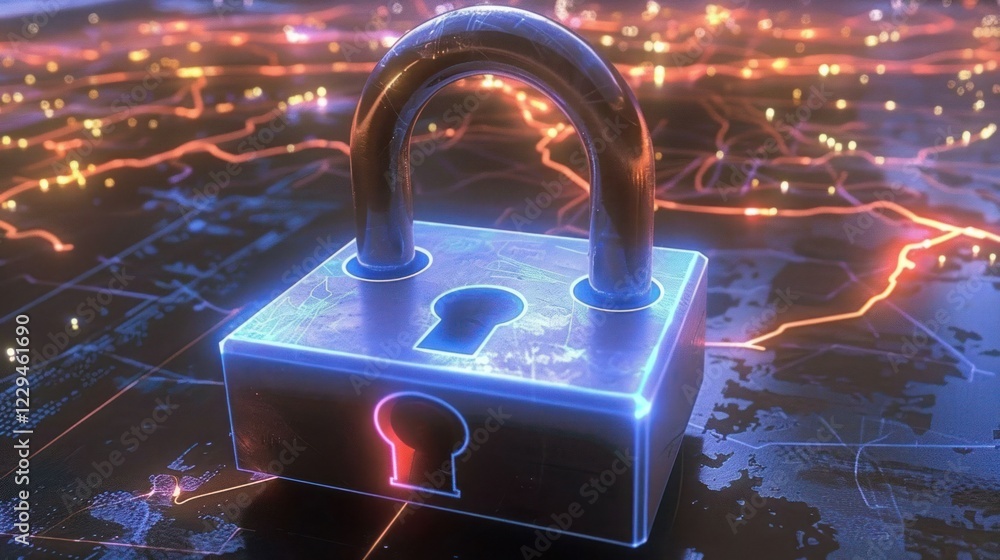 Poster glowing padlock symbolizing digital security on a network background with vibrant connections