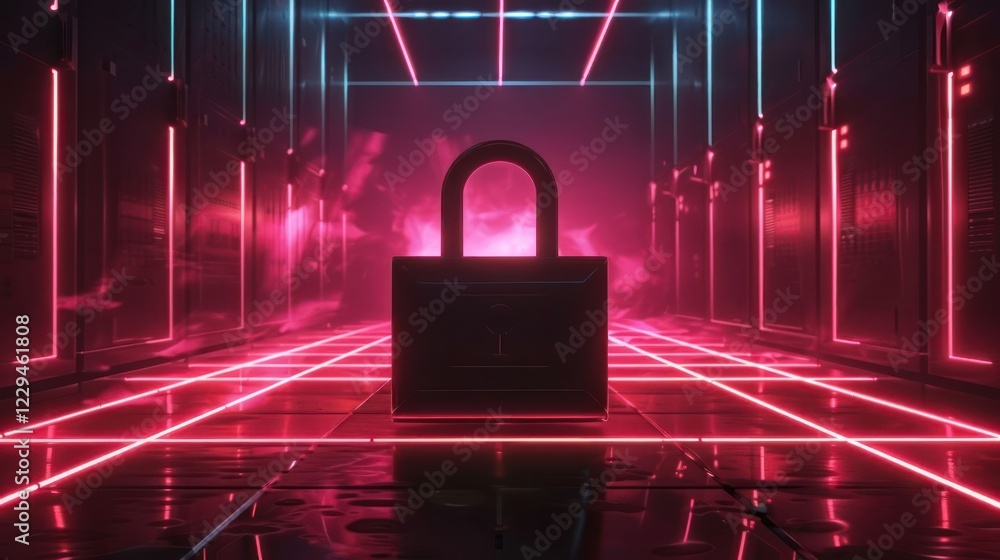 Poster a glowing padlock in a futuristic data center with neon lights and fog creating a mysterious atmosph