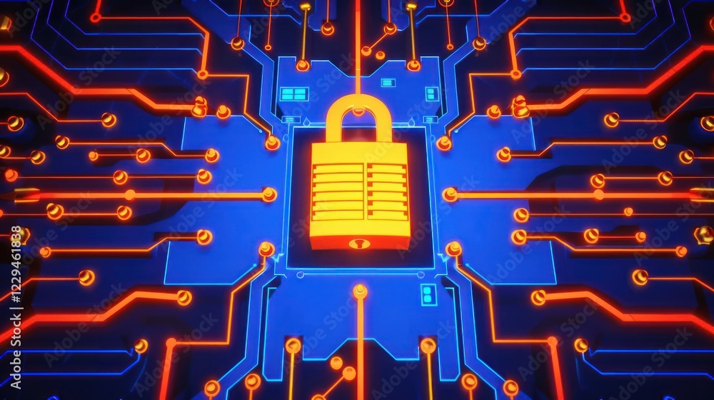 Poster digital lock symbolizing cybersecurity on a vibrant circuit board background with glowing lines