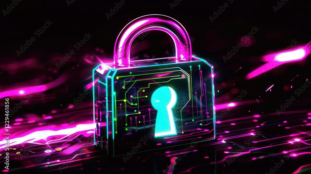 Poster futuristic digital lock with neon colors and circuit patterns against a dark background