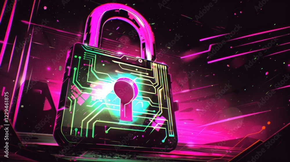 Poster futuristic digital padlock surrounded by vibrant neon colors and abstract circuit patterns