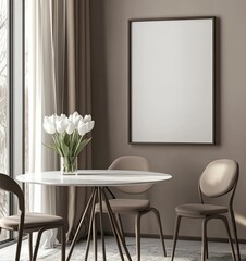 An empty frame mockup on the wall of a modern dining room with a round table and chairs, white tulips in a vase, a window with curtains, 