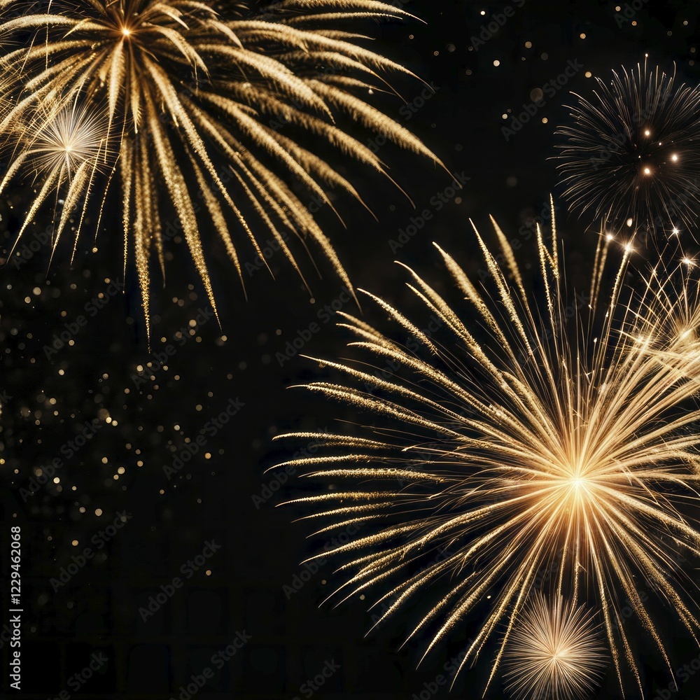 Poster a close-up view of golden fireworks with radiating patterns illuminating the dark background in a br