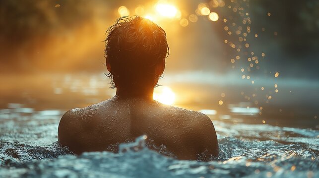 Silhouette of a Person Swimming in a River at Sunset Backlit by the Golden Hour Sun