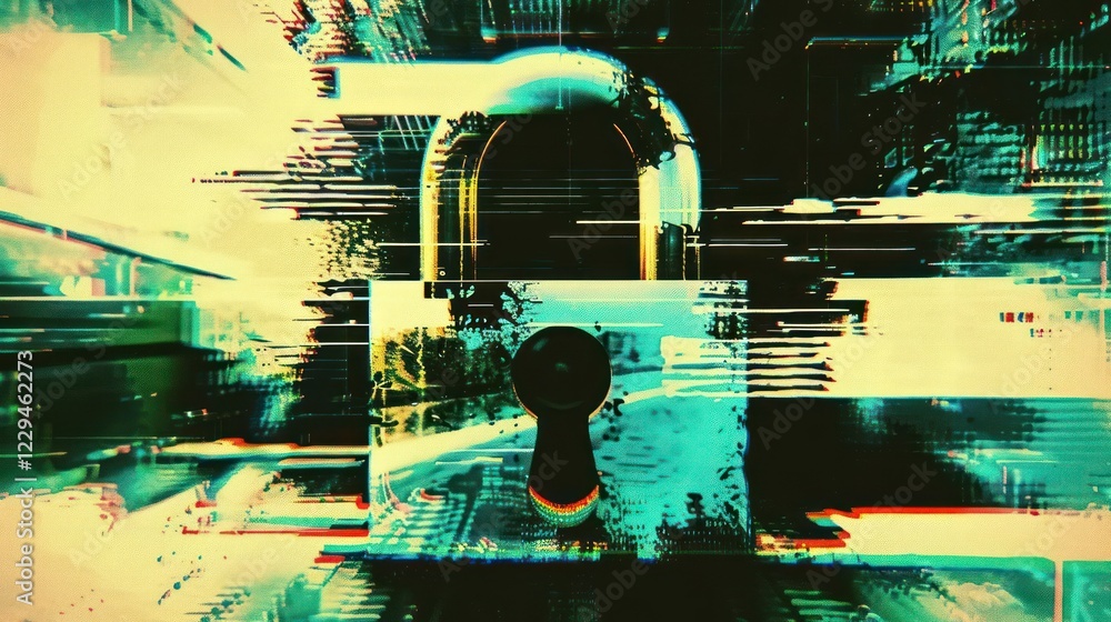 Poster abstract representation of digital security with a padlock and keyhole amidst a glitch effect