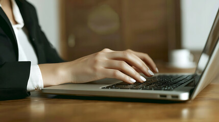 A woman is typing on a laptop in a business setting