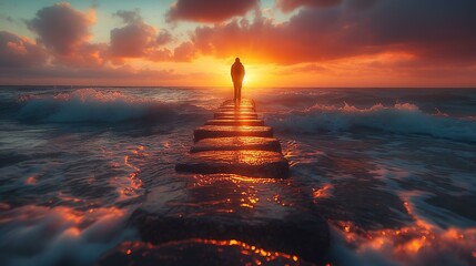 Solitary Figure at Sunset on a Stone Path into the Ocean Waves