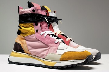 Stylish, multicolored high-top sneakers presented against a plain background, AI generated, shoes