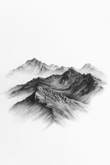 A mountain range is shown in black and white. The mountains are very tall and are covered in snow