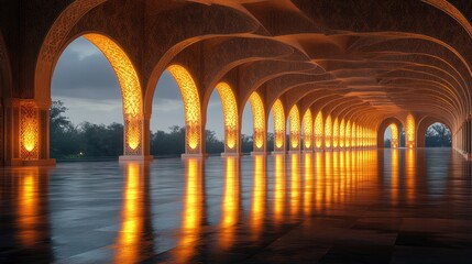 Illuminated arcade, mosque, night, reflection, rain