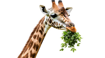 Giraffe eating greenery, white isolated background