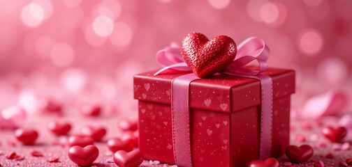 Valentine's Day Red Gift Box with Pink Ribbon, Shiny Heart, Candies, Romantic Atmosphere, Soft Pink Background