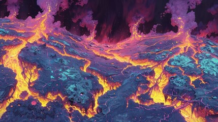 Vibrant volcanic landscape with flowing lava rivers and colorful smoke in a dramatic sky