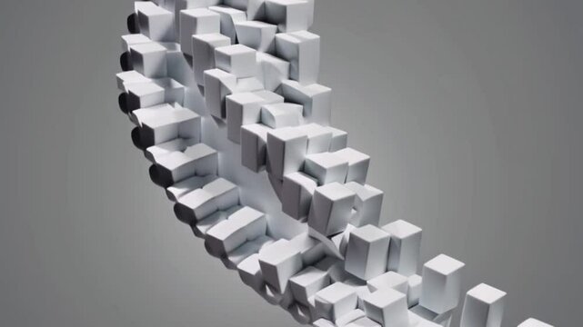 Curved arrangement of interlocking white 3D blocks forms a technical architectural structure ideal for technology presentations.