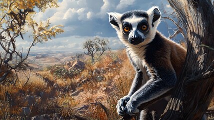Obraz premium Lemur in dry forest landscape