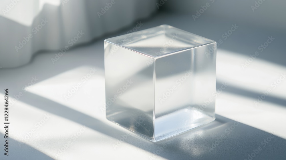 Poster a clear cube is sitting on a white surface. the cube is reflecting the light from the window