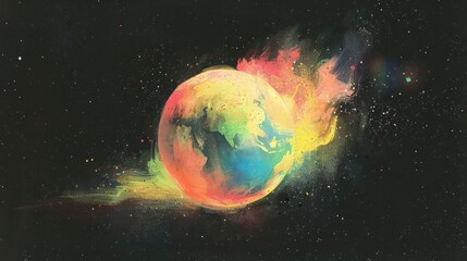 Obraz premium Colorful depiction of Earth amidst cosmic flames, symbolizing environmental change and urgency