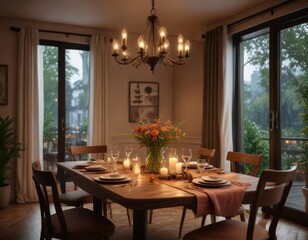 Cozy dinner table with a warm and inviting ambiance , autumnal colors, peaceful ambiance, seasonal scents