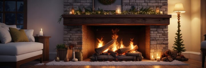 Cozy fireplace on a snowy Christmas Eve night, warm glow, holiday cheer, christmas eve