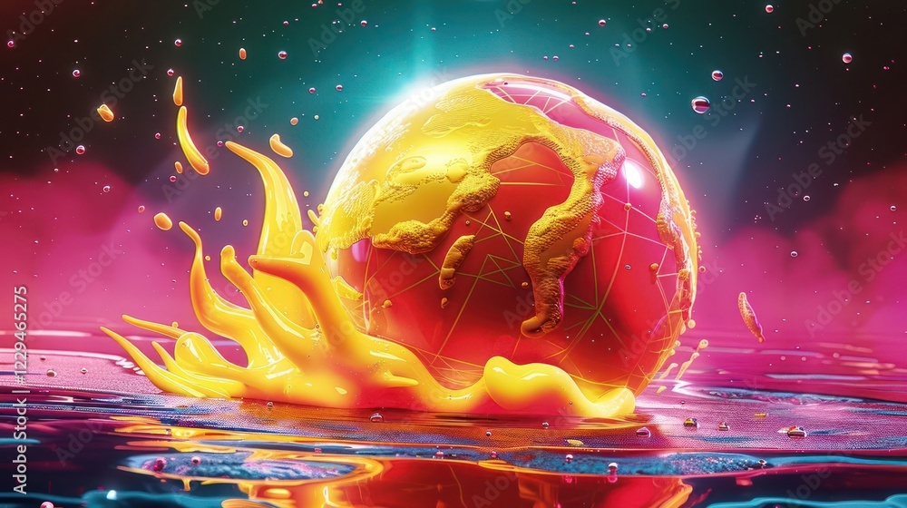 Poster vibrant globe splashing in colorful liquid, surrounded by a cosmic background with glowing elements