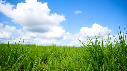 Fototapeta premium Green grass and blue sky with white clouds