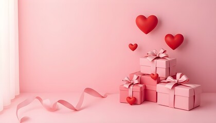 Stylish Valentines Day gifts with red hearts on pastel pink background.