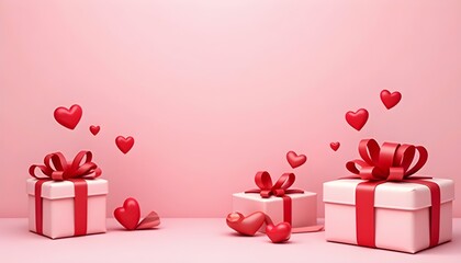 Stylish Valentines Day gifts with red hearts on pastel pink background.