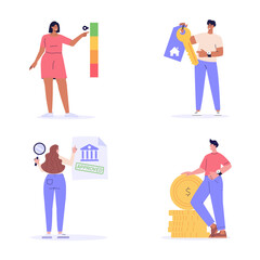 People checking and improving a credit score report. Gauge scale rating. Collection of credit banking, loan rating, mortgage approval, payment history. Clients improve credit score. Character set