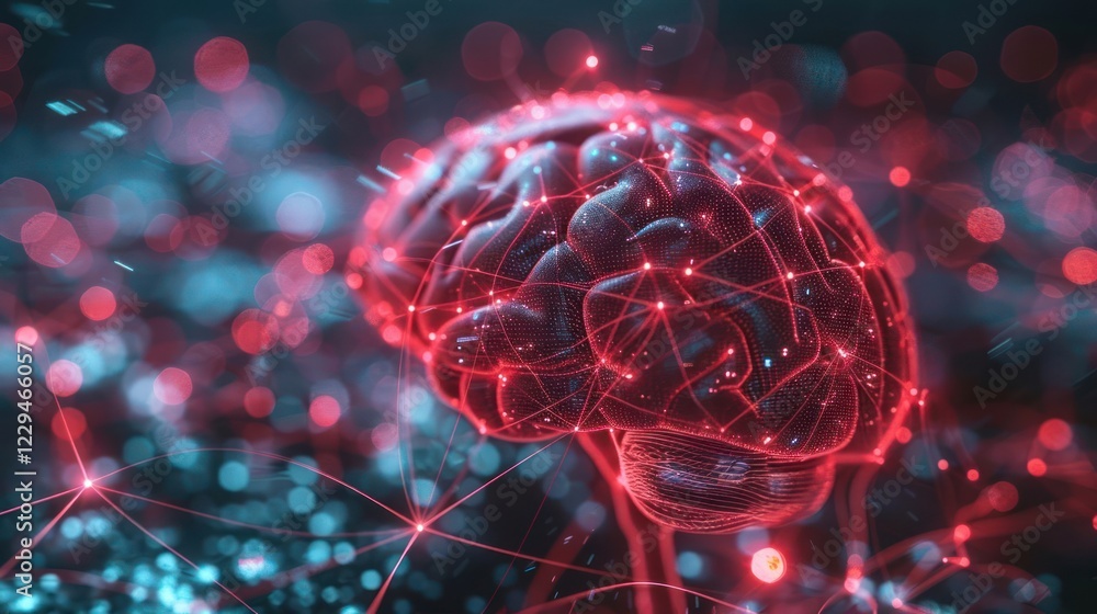 Poster abstract representation of a glowing brain with interconnected nodes, symbolizing neural activity an