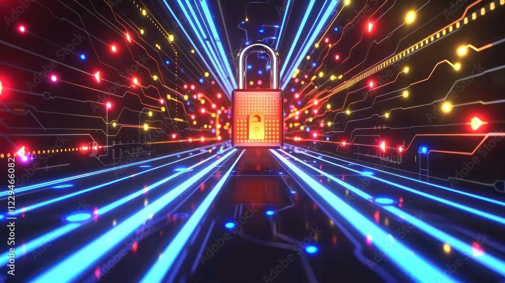 Poster digital lock surrounded by vibrant light trails representing data security in a tech environment