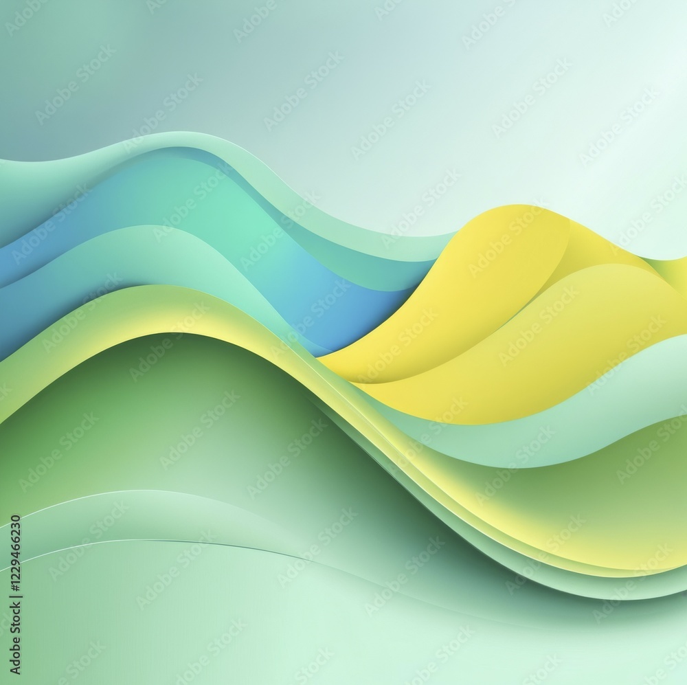 Poster abstract image with green, yellow, and blue layered waves, creating a smooth and dynamic visual effe