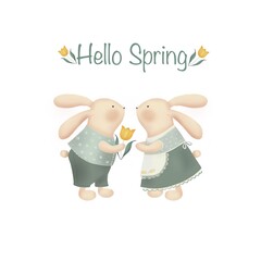 Hello Spring, for holiday greeting card, invitation creating. Happy easter bunny, rabbit,  print , t- shirt print. 