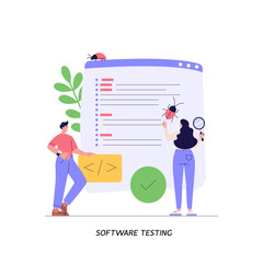 Software testing illustration. Coders working with code testing and debugging, searching bugs. Concept of software testing, bug report, quality assurance, fixing program code. Vector flat design