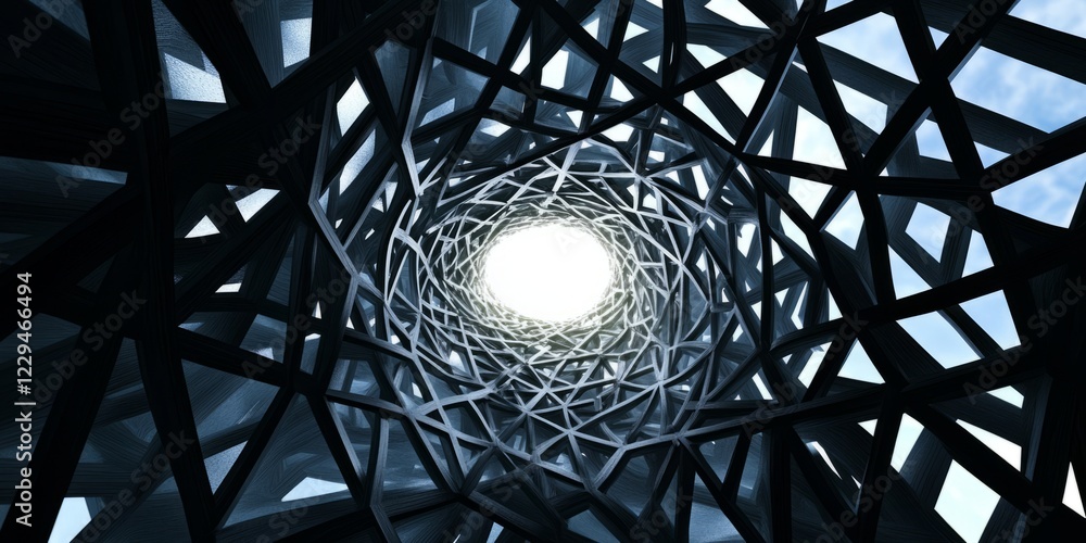 Poster intricate geometric architectural design with a view of the sky, showcasing modern structural art an