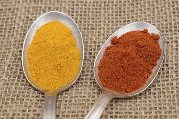 Spices on old spoons, curry and paprika powder