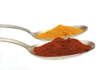 Curry and paprika powder on an old spoon