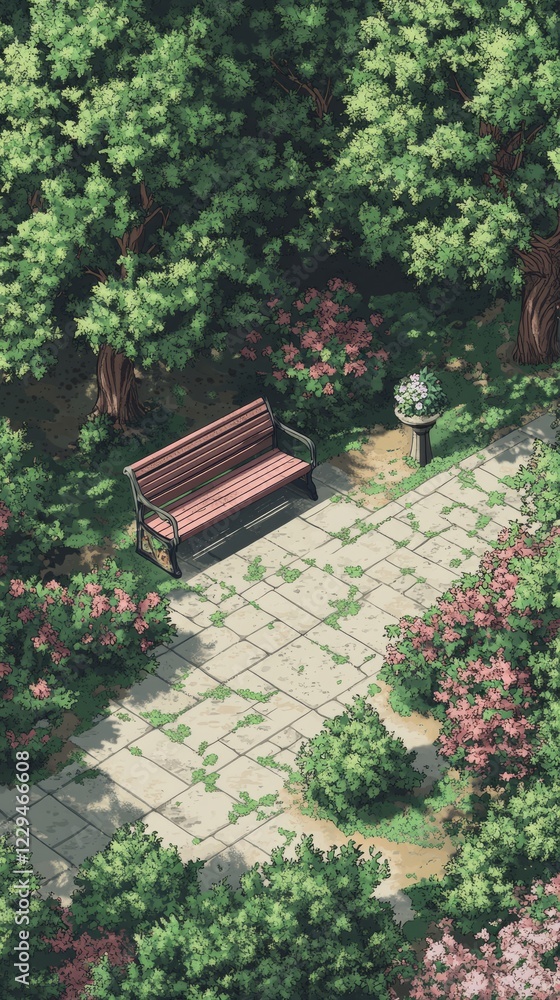 Poster a bench is in a park with a path in front of it. there is a potted plant on the path