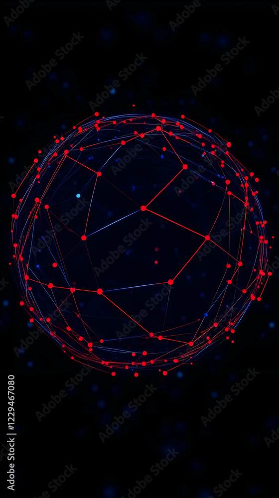 Poster abstract 3d sphere with red nodes and blue lines creates a network visualization on dark background.