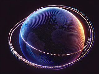 Digital Earth Globe with Glowing Rings Rotates Elegantly in Space, Showcasing Global Connections.