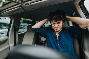 A young man is seated in a car looking frustrated, with his hands on his head, depicting stress and...
