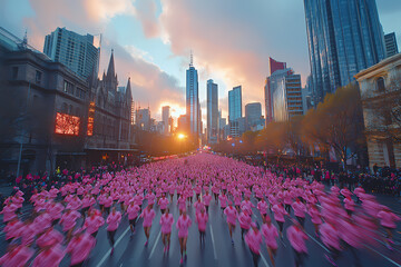 A charity marathon for cancer awareness with runners wearing pink shirts, showing solidarity and determination