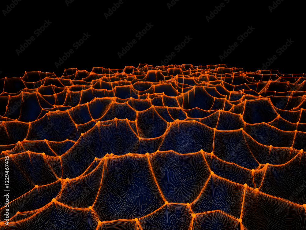 Poster Abstract 3D Wireframe Landscape Creates a Dynamic Visual with Orange Lines on a Dark Background