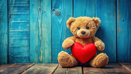 Obraz premium Plush Teddy Bear Heart on Blue Wood - Fashion Photography