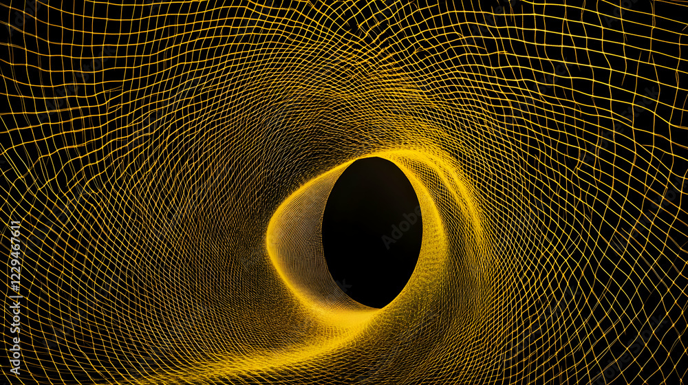Poster 3d golden grid forms a swirling tunnel with a black void center and interconnected lines