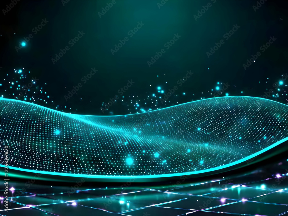 Aufkleber abstract turquoise digital wave flows smoothly over reflective tiles with sparkling particles