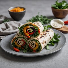 Delicious Californian turkey wrap presented on a wood board. Delectable turkey wrap on wood surface A whole grain wrap filled with hummus, grilled vegetables, and spinach on a white background