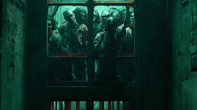 A group of ominous zombies is currently confined behind bars within a prison cell, awaiting an uncertain fate. Its quite eerie