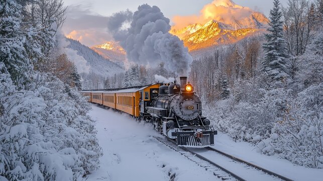 Historic steam train chugging through a snow-covered landscape at sunset with majestic mountains in the background